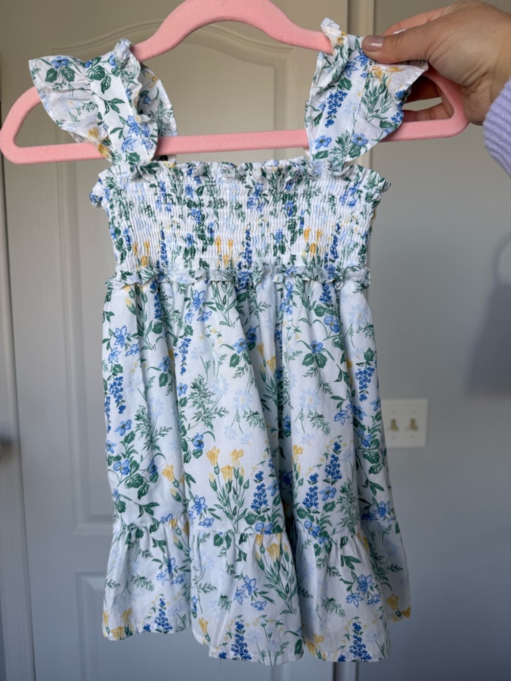 Janie and Jack Floral Smocked Sundress in White with Blue & Yellow Print